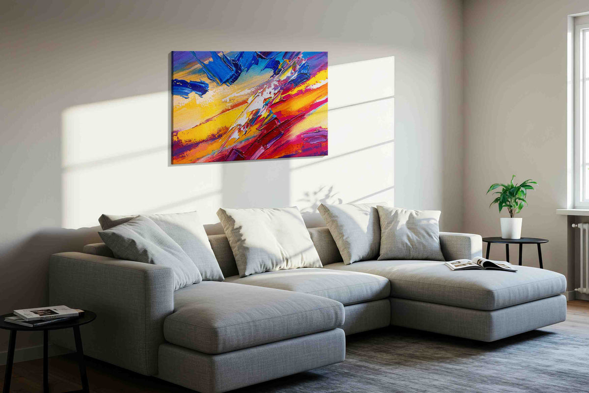 Celestial Symphony Burst abstract canvas print in a living room scene