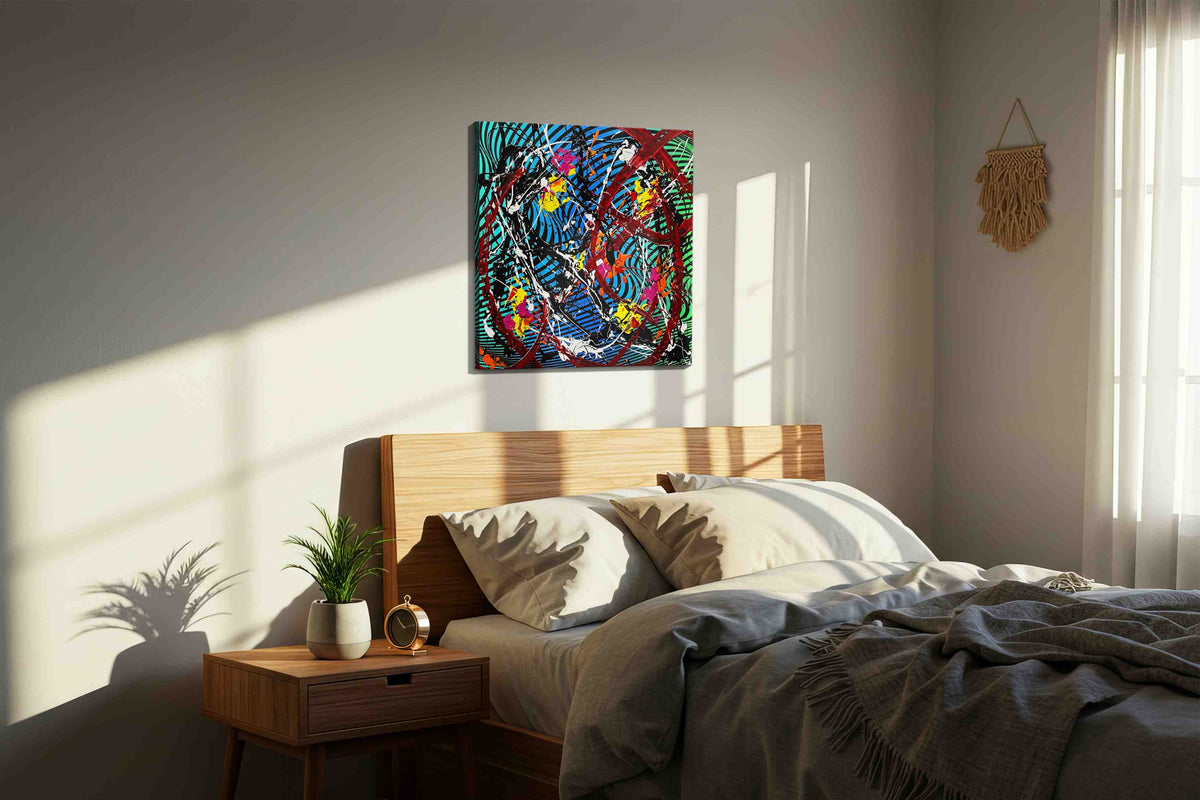 Chaotic Symphony of Vortex Dreams abstract canvas print, displayed in a bedroom
