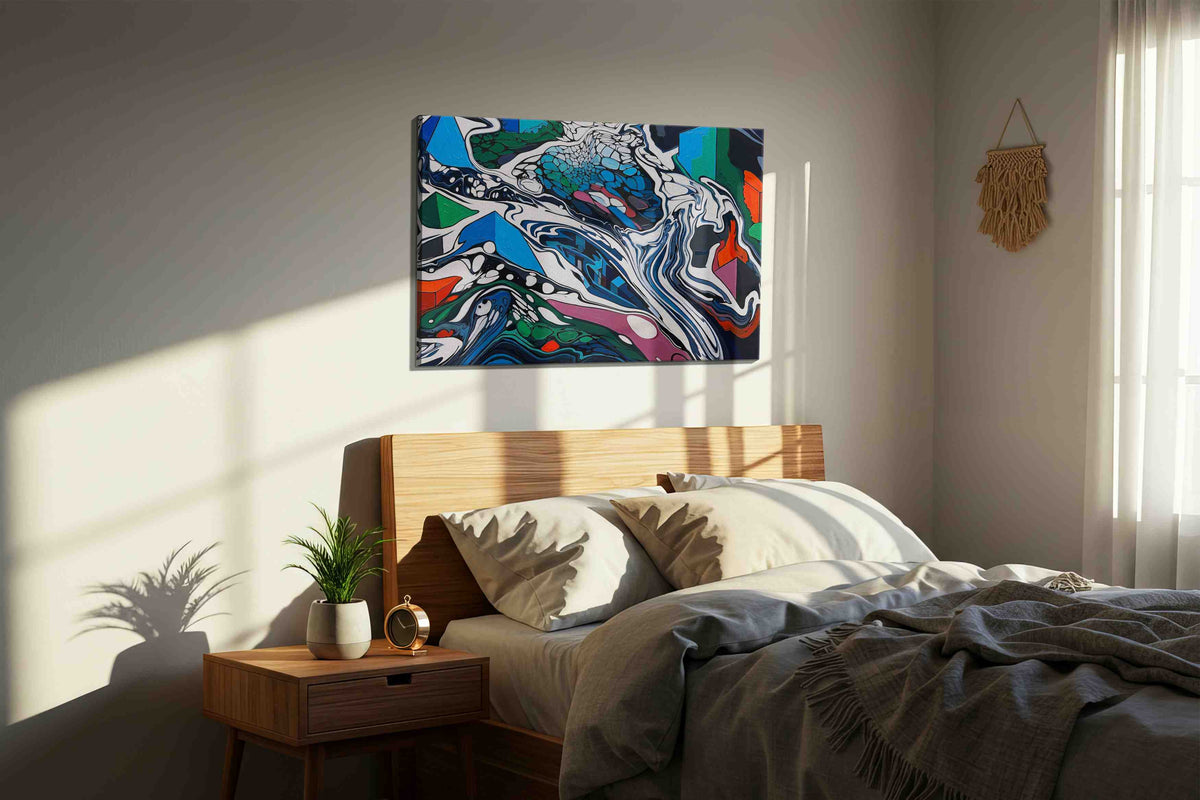 Cosmic Currents and Urban Echoes abstract canvas print, displayed in a bedroom