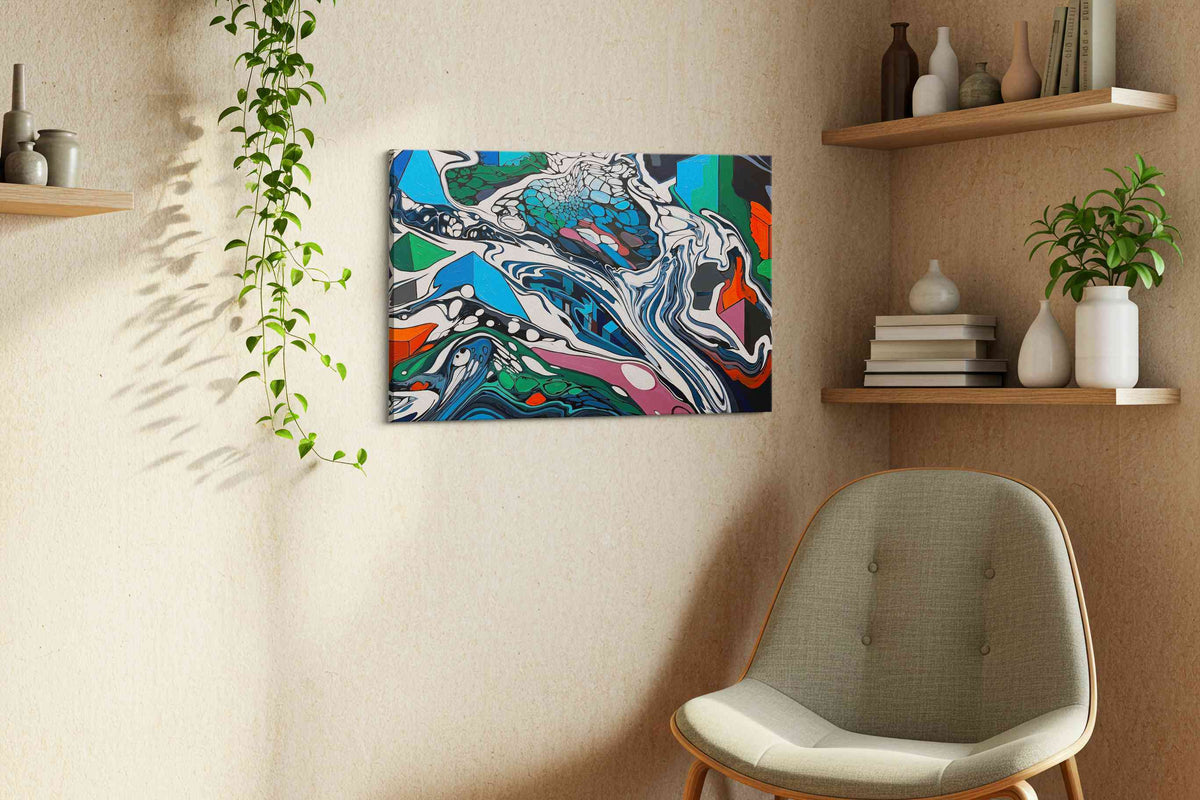 Cosmic Currents and Urban Echoes abstract canvas print, hanging on wall