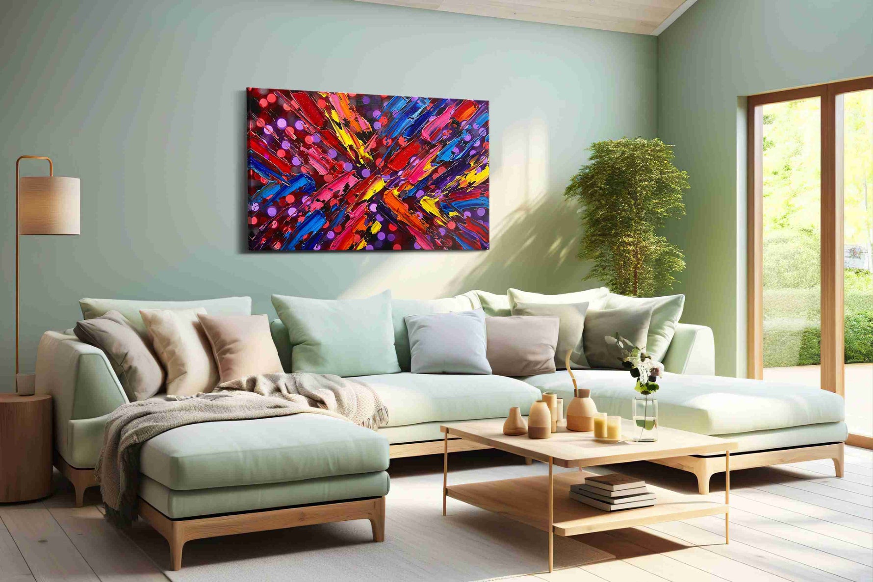 Cosmic Pulse of Vibrant Dreams abstract canvas print shown in a wall scene