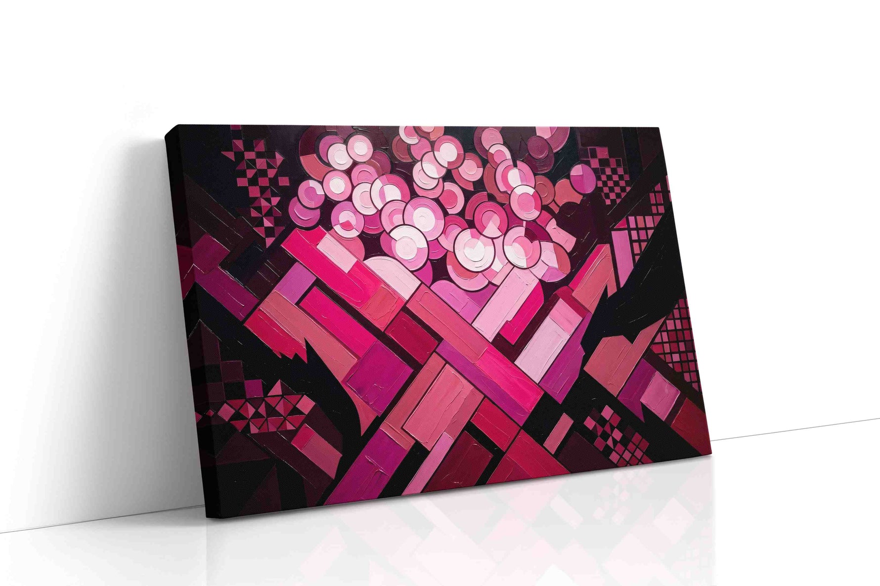 Crimson Geometric Blooms abstract canvas print gallery-wrapped landscape canvas studio shot
