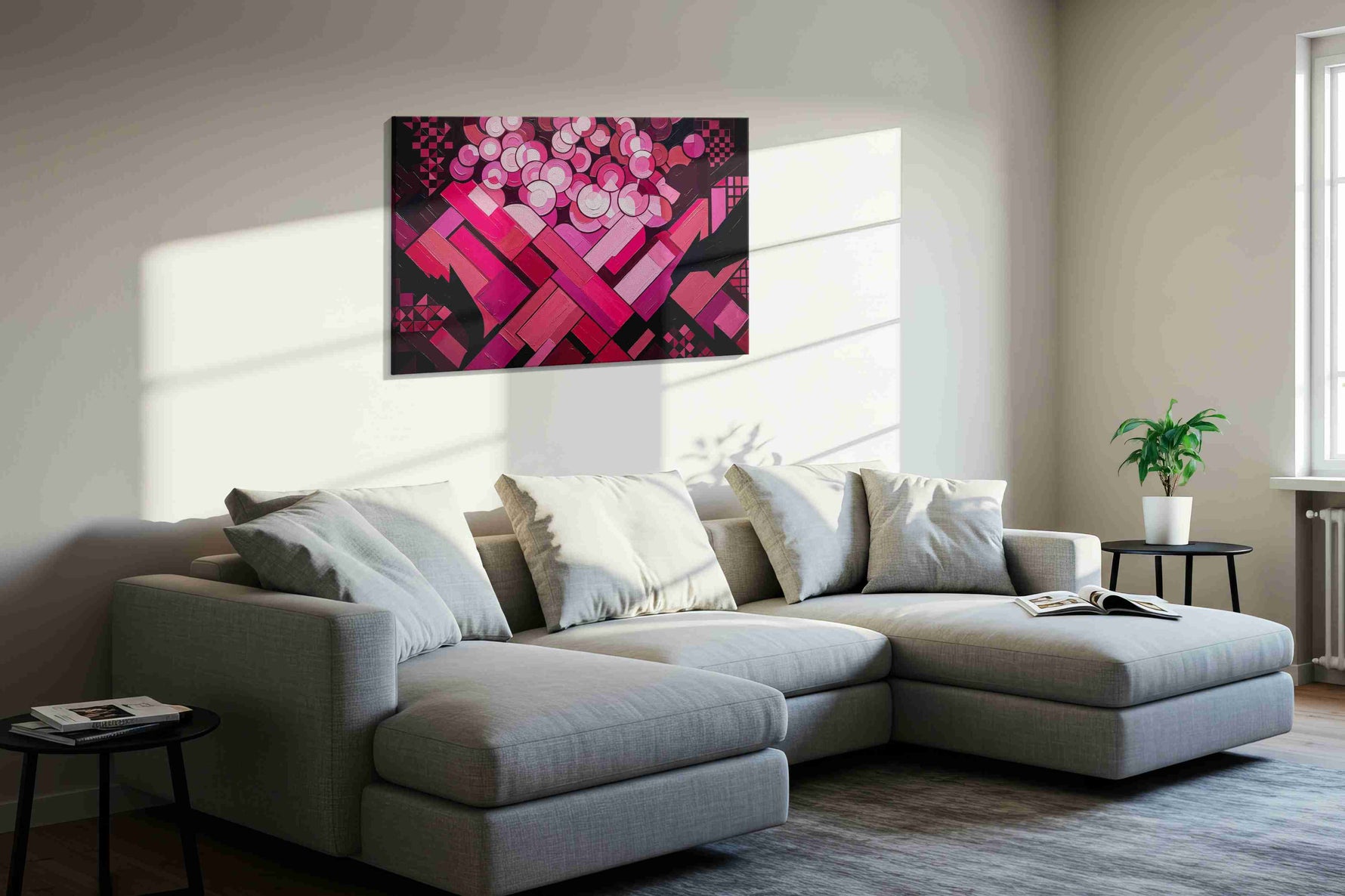Crimson Geometric Blooms abstract canvas print, displayed in a living room