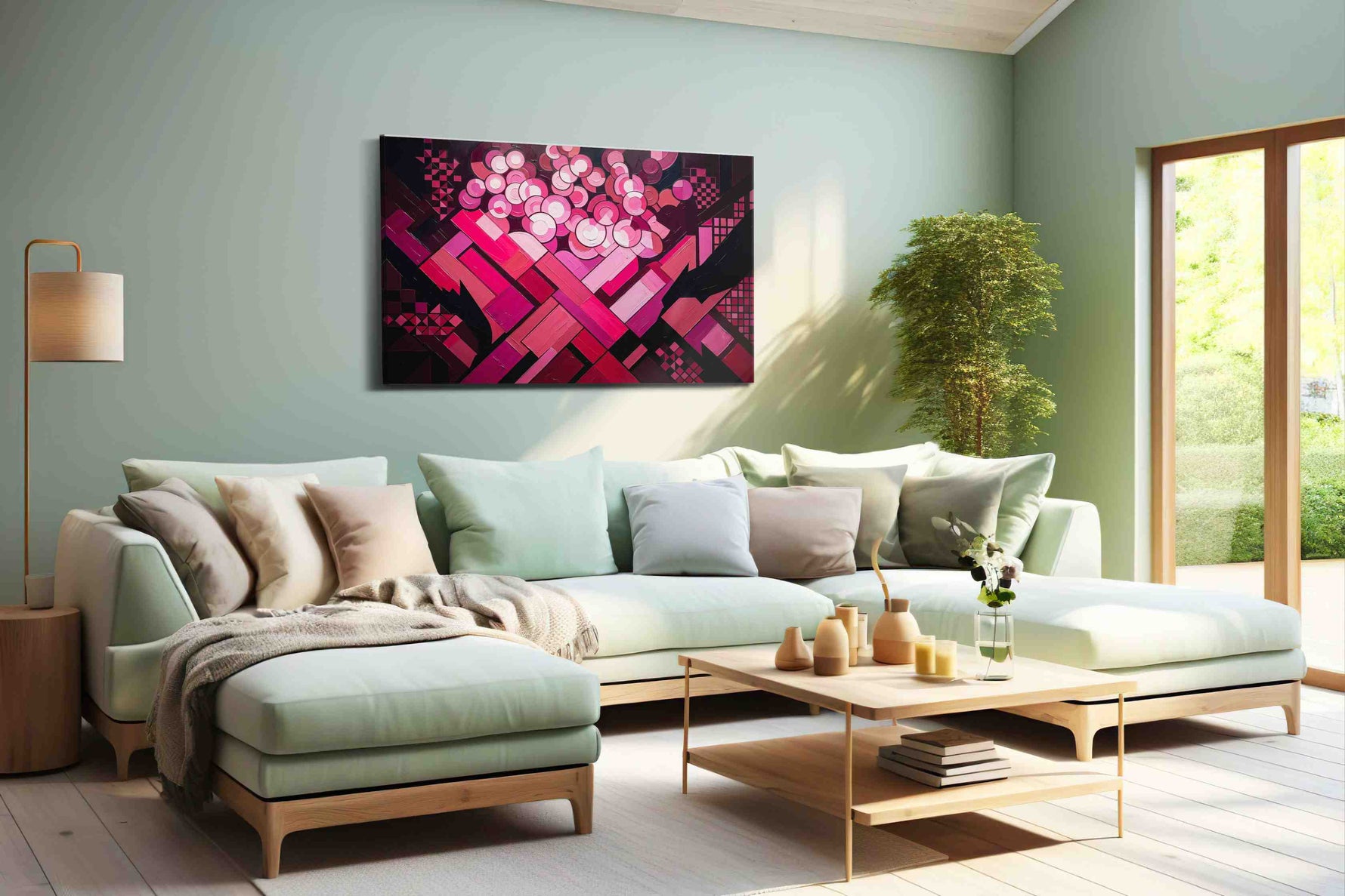 Crimson Geometric Blooms abstract canvas print, hanging on wall