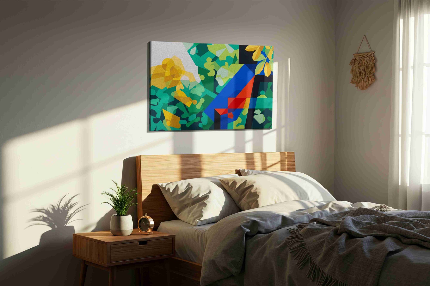 Ethereal Geometric Reverie abstract canvas print, displayed in a bedroom