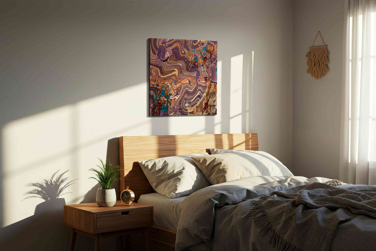 Ethereal Waves of Chaos abstract canvas print, displayed in a bedroom