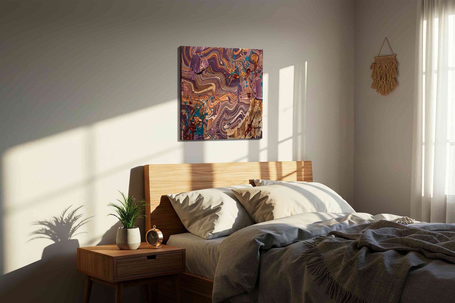 Ethereal Waves of Chaos abstract canvas print, displayed in a bedroom