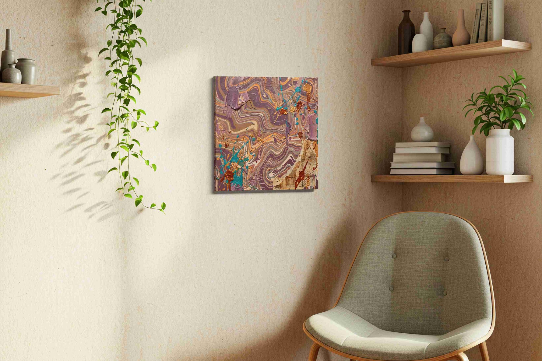 Ethereal Waves of Chaos abstract canvas print styled in a living room