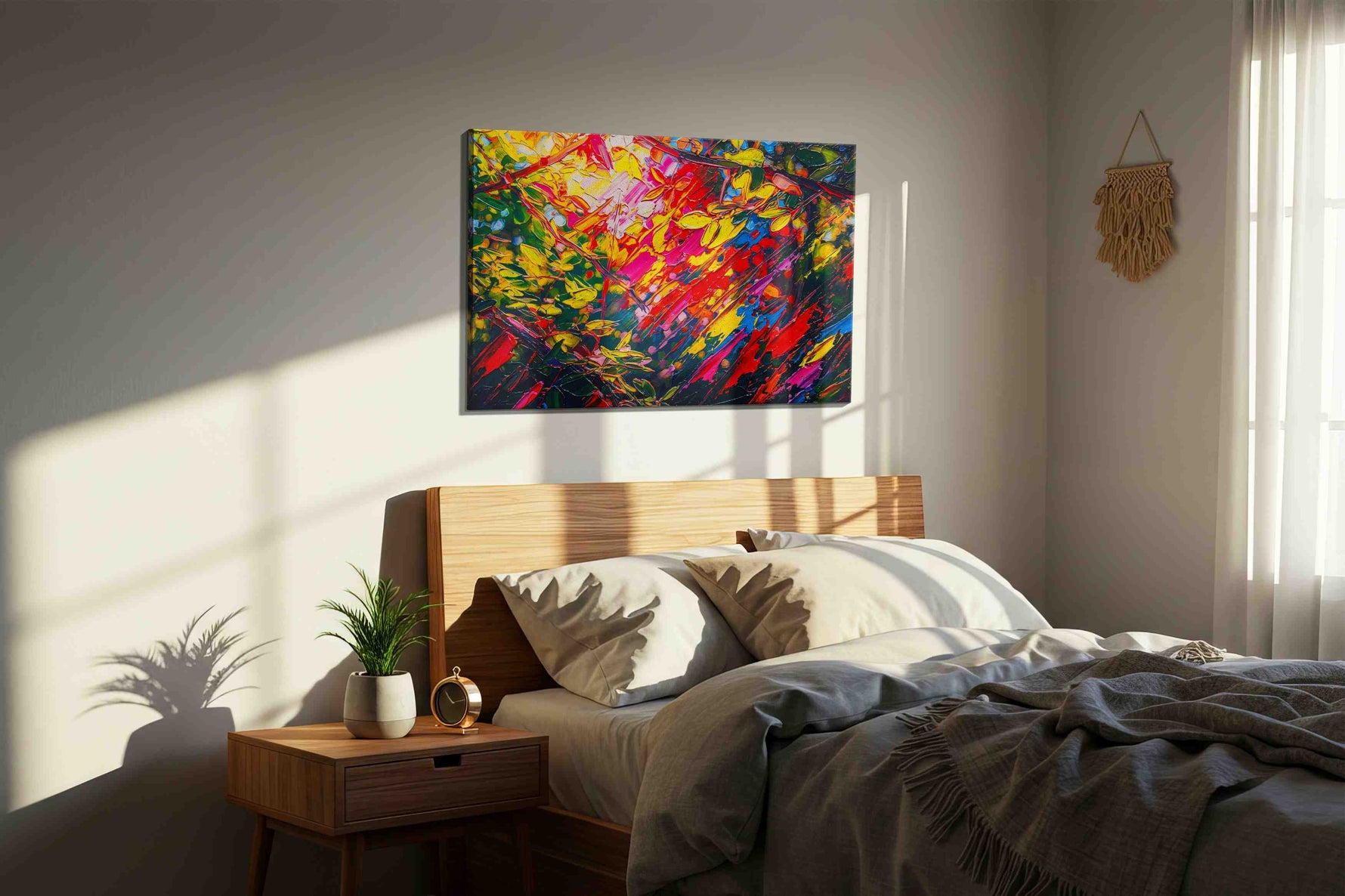 Luminescent Forest Rhapsody abstract canvas print, displayed in a bedroom