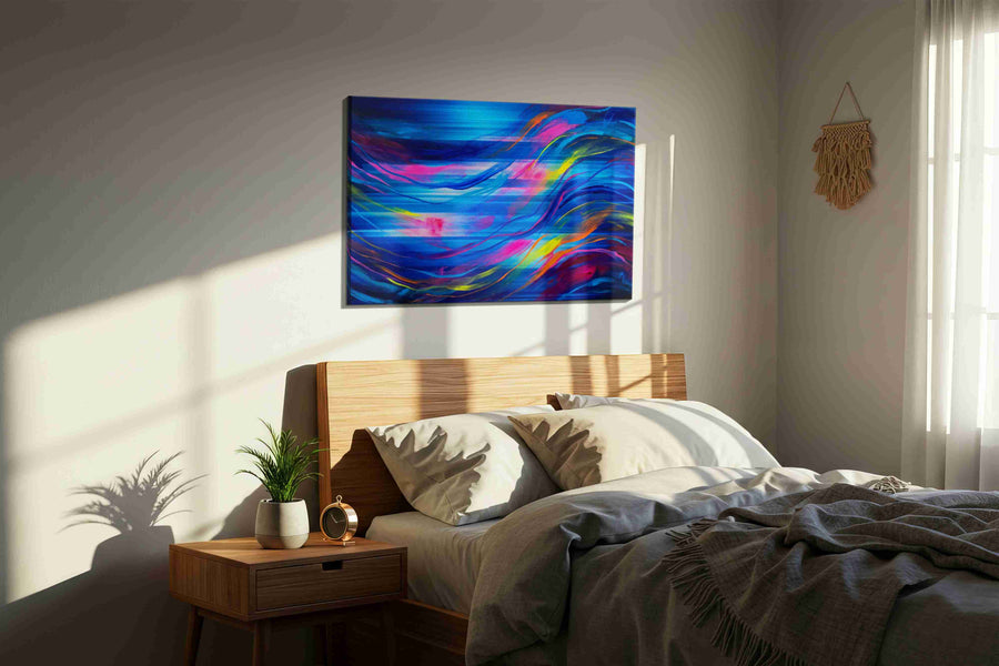 Luminous Currents of Emotion abstract canvas print, displayed in a bedroom