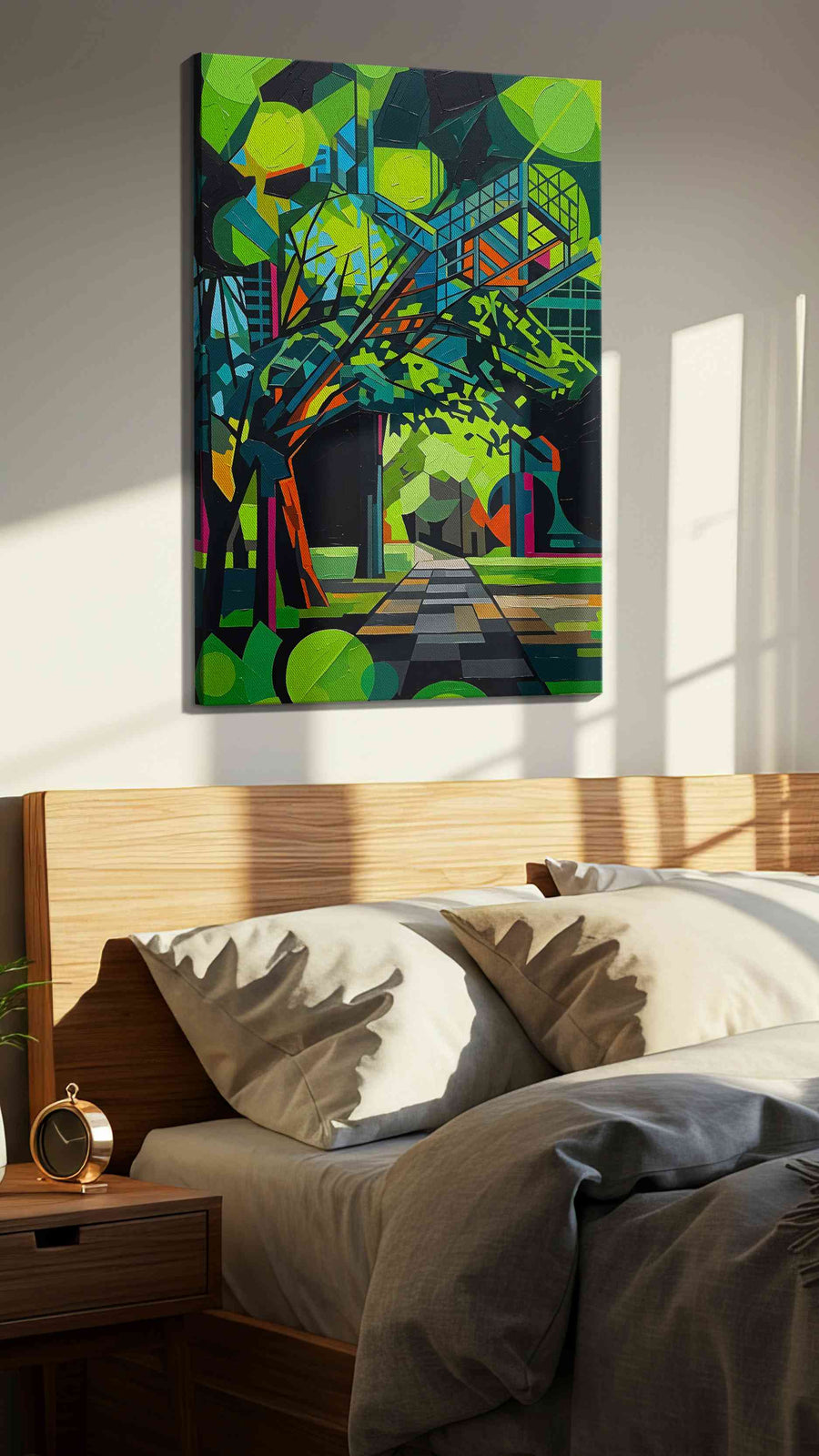 Prismatic Pathway to Serenity abstract canvas print, displayed in a bedroom