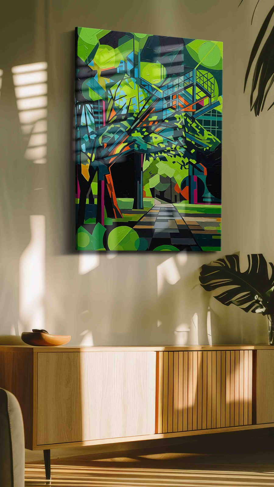 Prismatic Pathway to Serenity abstract canvas print, hanging on wall — in a hung canvas mockup