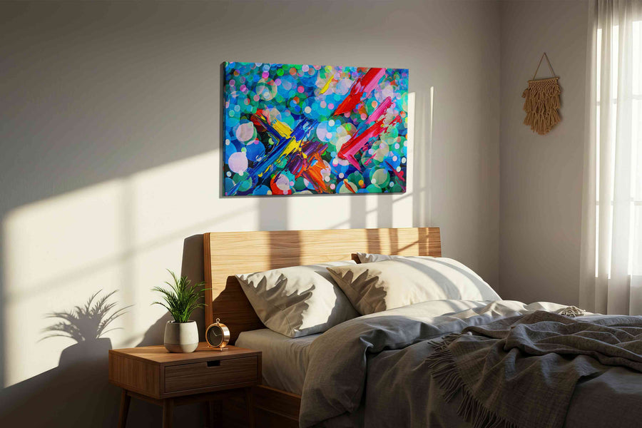 Prismatic Whirl of Emotions abstract canvas print, displayed in a bedroom