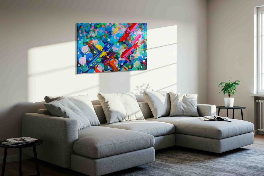 Prismatic Whirl of Emotions abstract canvas print, displayed in a living room