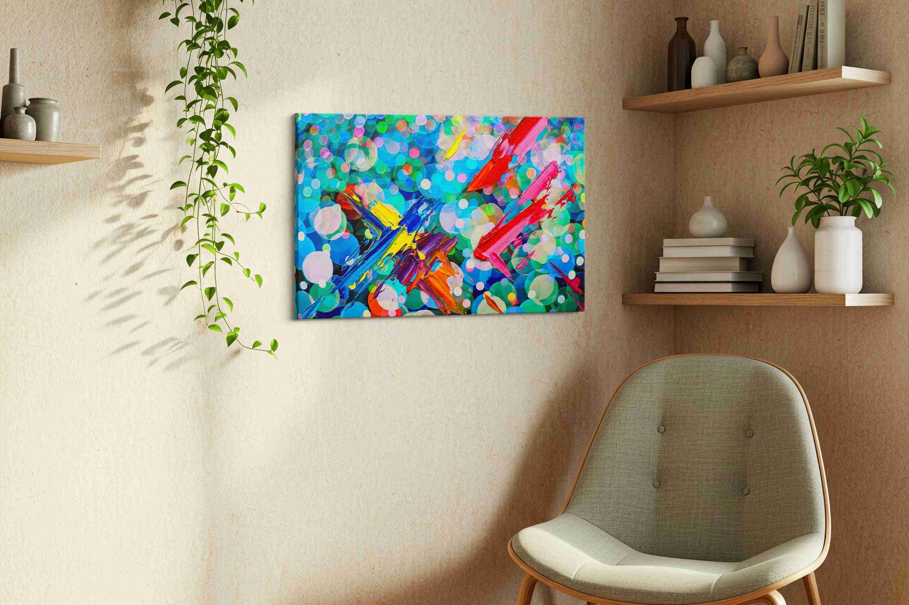 Prismatic Whirl of Emotions abstract canvas print, hanging on wall — view 3