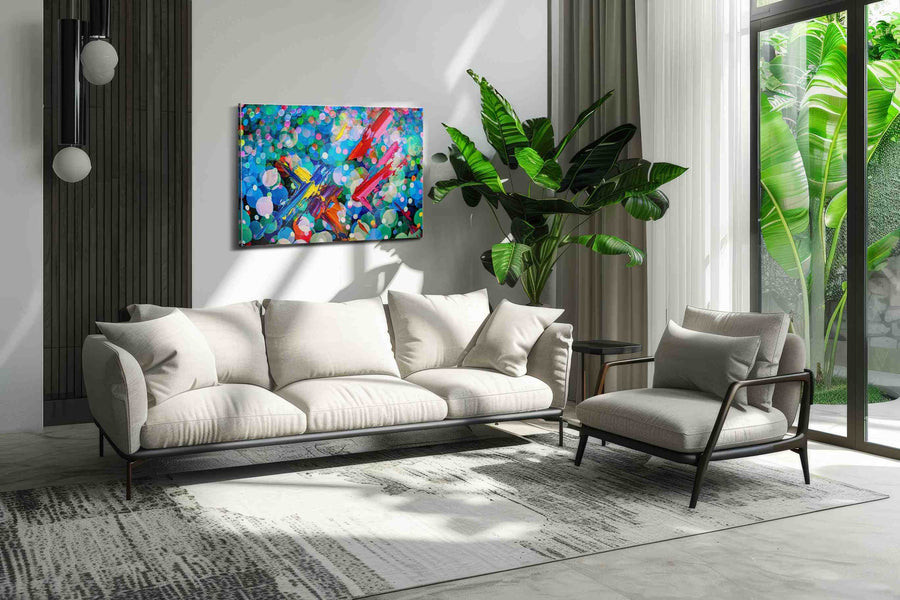 Prismatic Whirl of Emotions abstract canvas print, hanging on wall