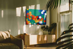 Vibrant Harmony Geometric Dance abstract canvas print, displayed in a living room