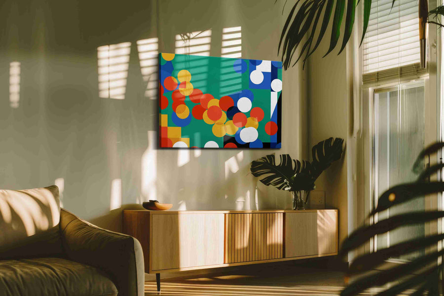 Vibrant Harmony Geometric Dance abstract canvas print, displayed in a living room