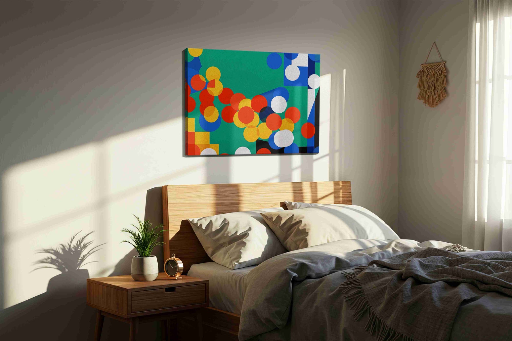 Vibrant Harmony Geometric Dance abstract canvas print, displayed in a bedroom