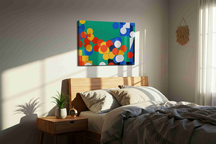 Vibrant Harmony Geometric Dance abstract canvas print, displayed in a bedroom