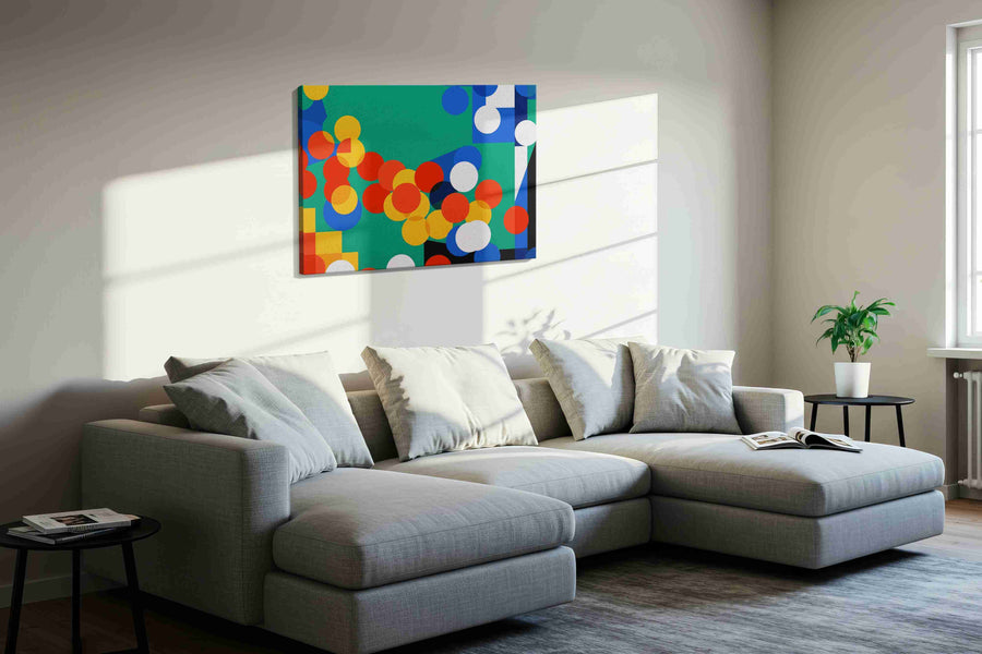 Vibrant Harmony Geometric Dance abstract canvas print styled in a living room