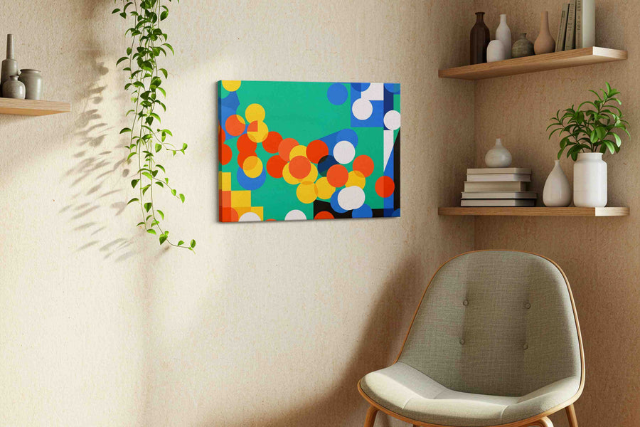 Vibrant Harmony Geometric Dance abstract canvas print, hanging on wall