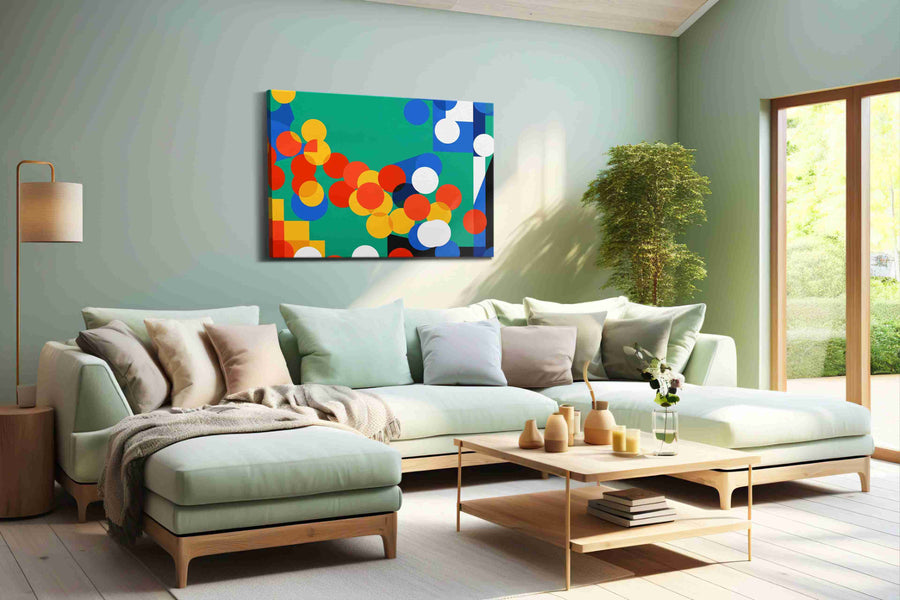 Vibrant Harmony Geometric Dance abstract canvas print shown in a wall scene