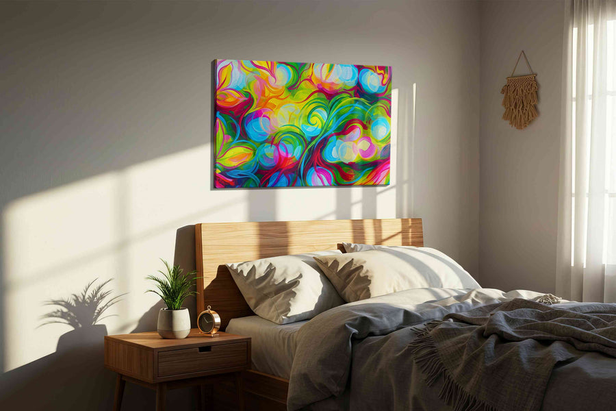 Whirlwind of Vibrant Dreams abstract canvas print, displayed in a bedroom