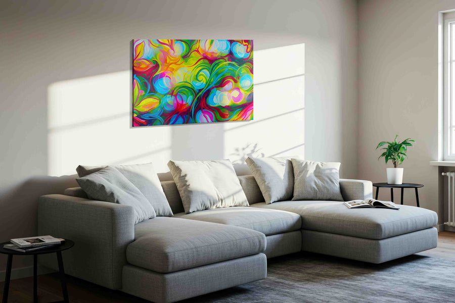 Whirlwind of Vibrant Dreams abstract canvas print, displayed in a living room
