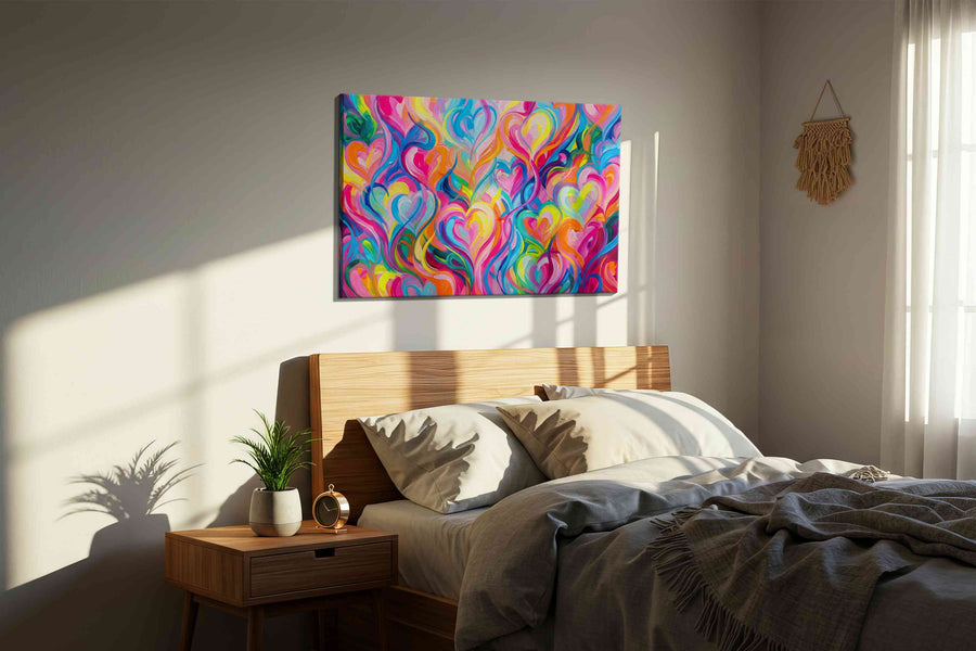 Whirlwind of Vibrant Hearts abstract canvas print, displayed in a bedroom
