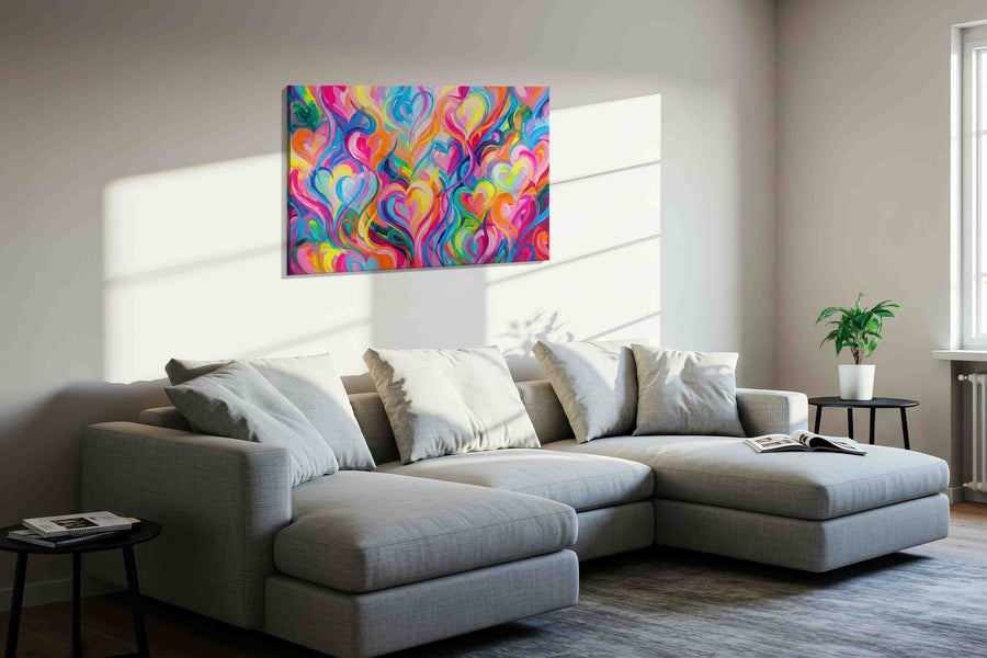 Whirlwind of Vibrant Hearts abstract canvas print, displayed in a living room