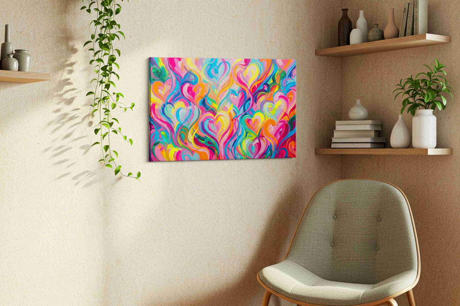Whirlwind of Vibrant Hearts abstract canvas print, hanging on wall — view 3