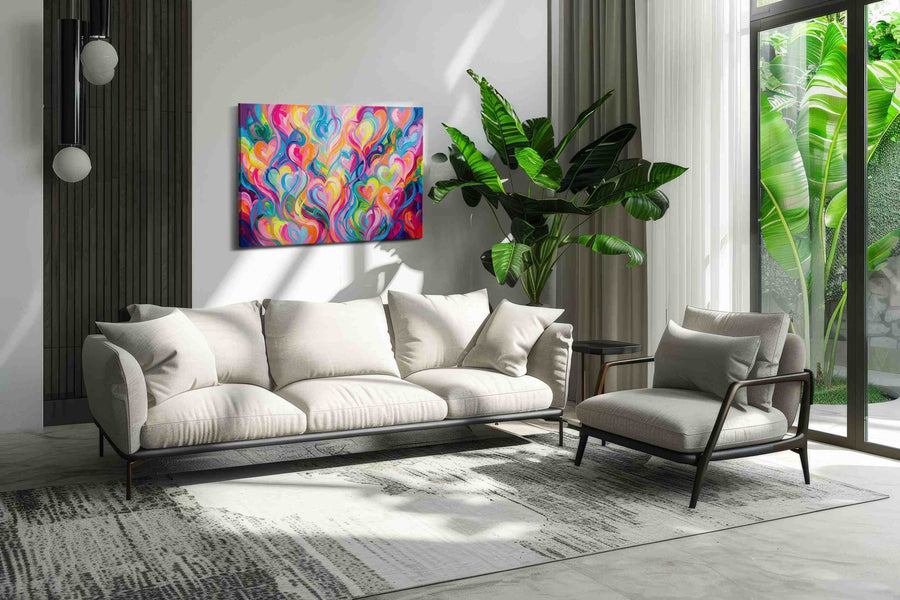 Whirlwind of Vibrant Hearts abstract canvas print, hanging on wall