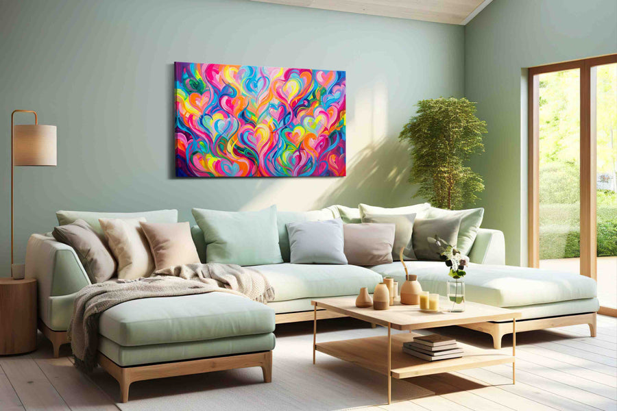 Whirlwind of Vibrant Hearts abstract canvas print shown in a wall scene
