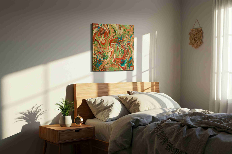 Whispers of the Earth’s Palette abstract canvas print, displayed in a bedroom