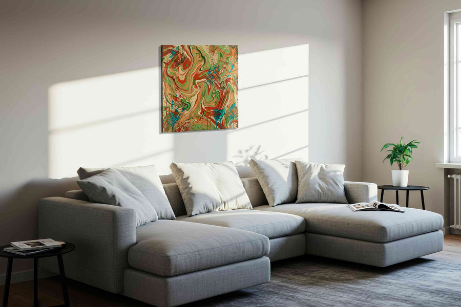 Whispers of the Earth’s Palette abstract canvas print, displayed in a living room