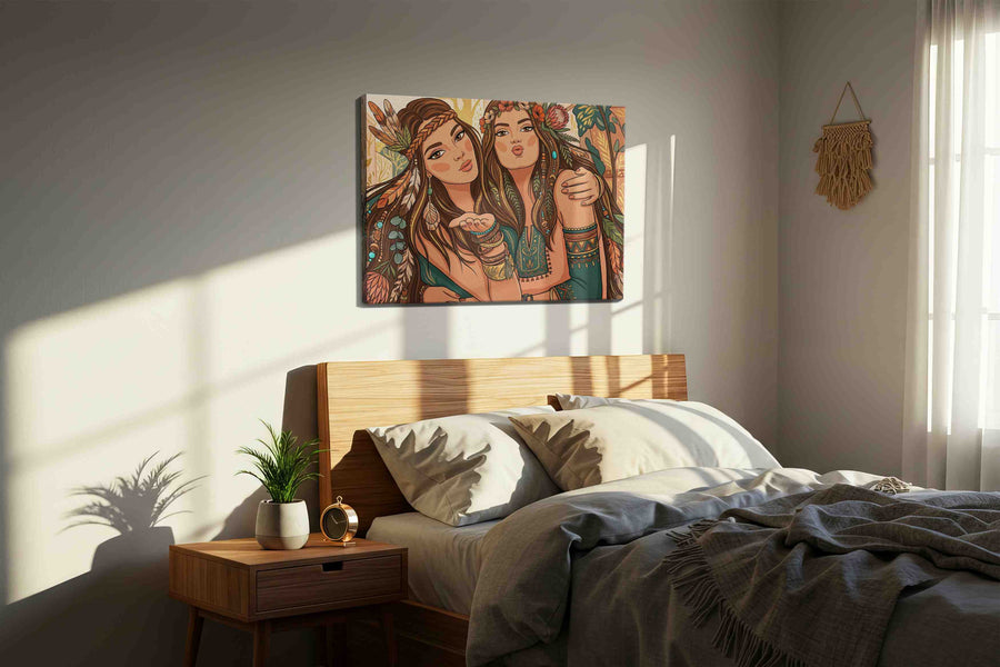 Bohemian Sisterhood Serenade boho canvas print, displayed in a bedroom