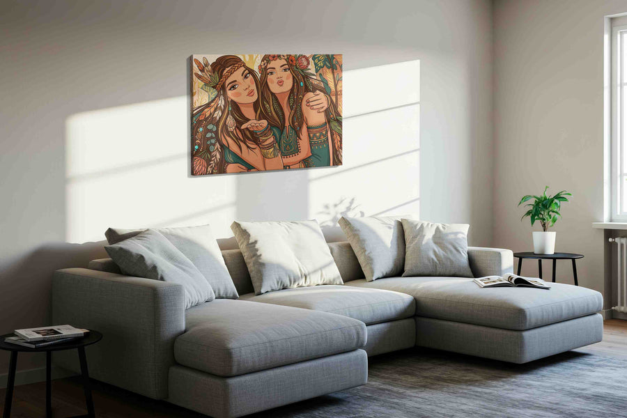 Bohemian Sisterhood Serenade boho canvas print, displayed in a living room
