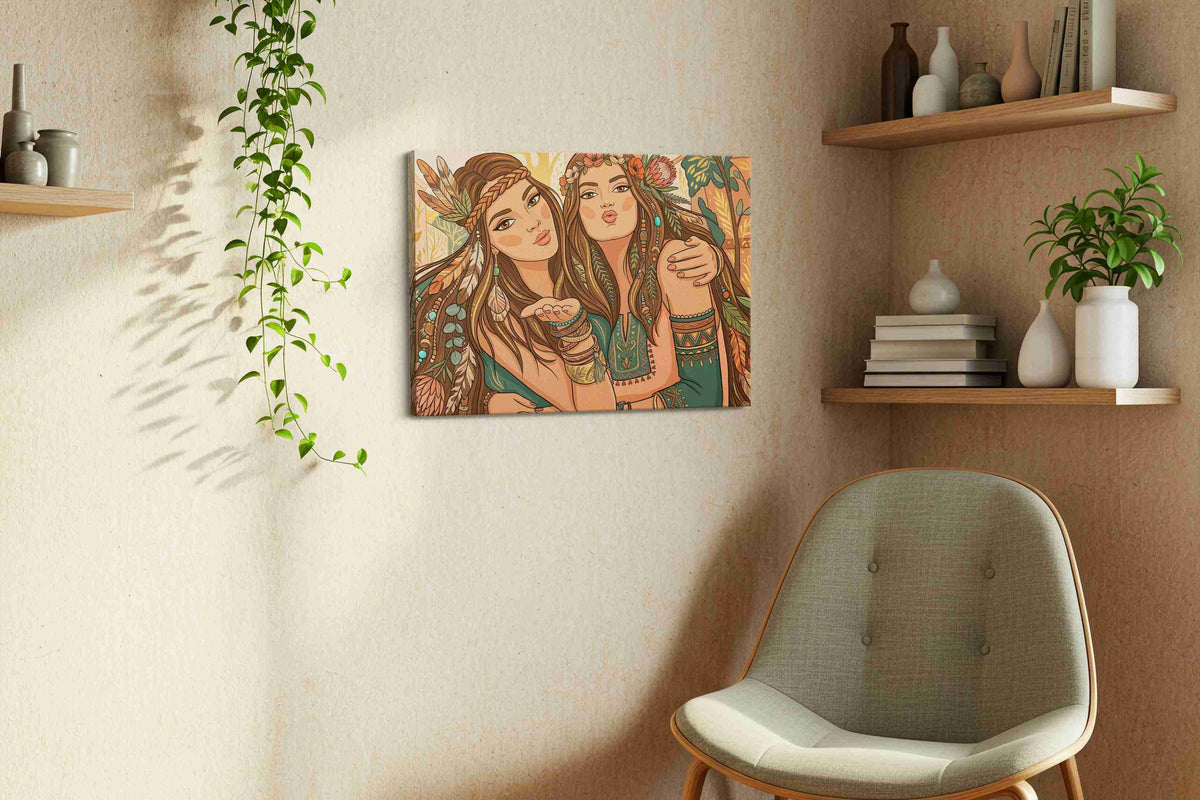 Bohemian Sisterhood Serenade boho canvas print, hanging on wall — view 3