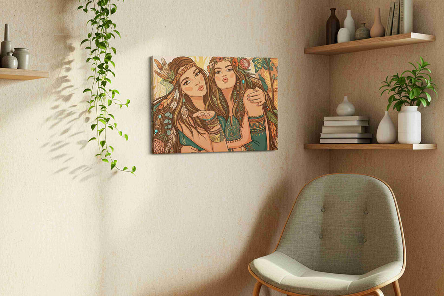 Bohemian Sisterhood Serenade boho canvas print, hanging on wall — view 3