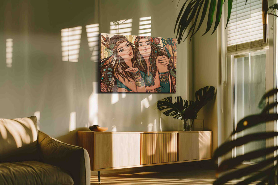 Bohemian Sisterhood Serenade boho canvas print, hanging on wall