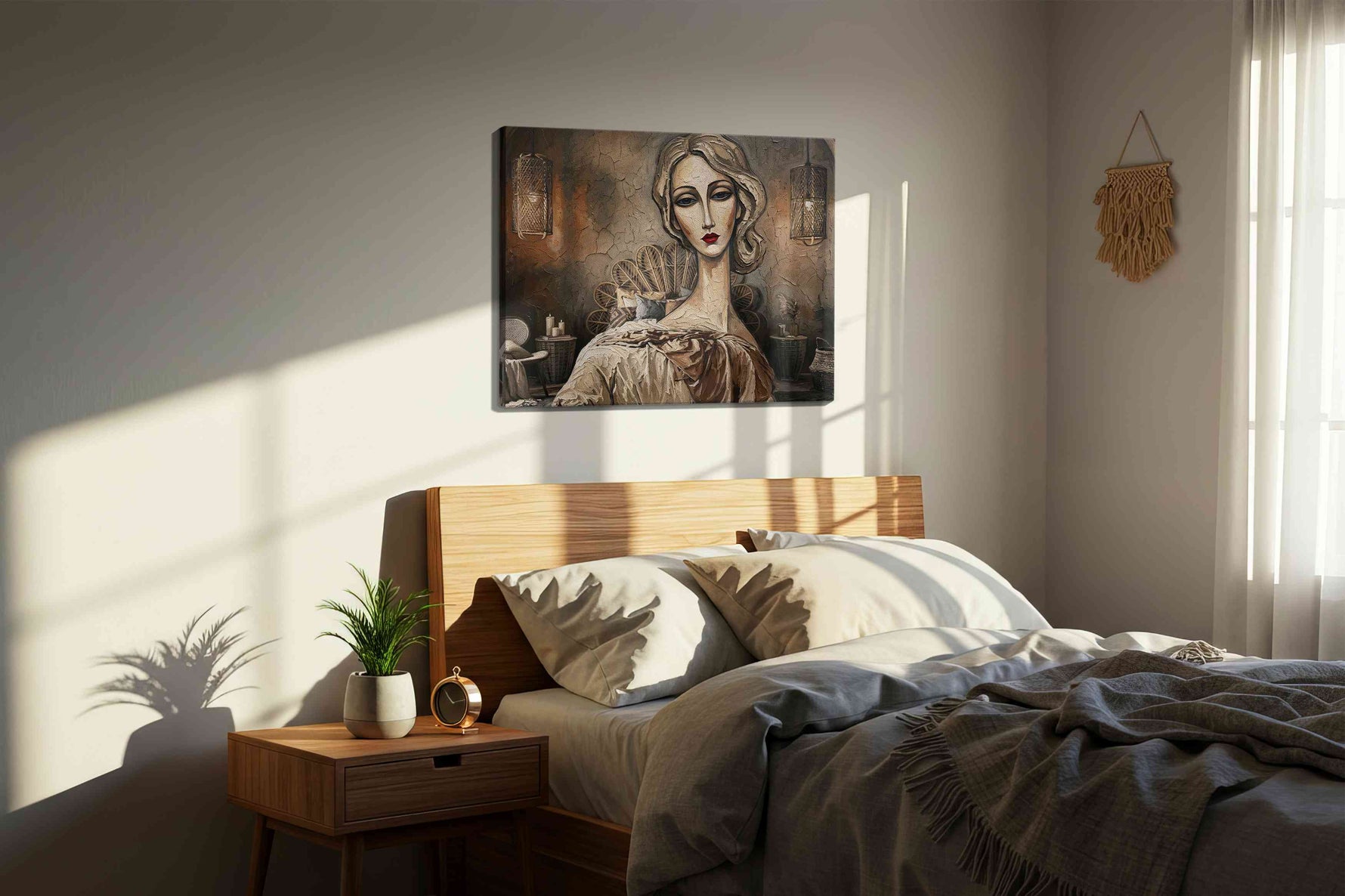 Ethereal Reverie in Sepia boho canvas print, displayed in a bedroom
