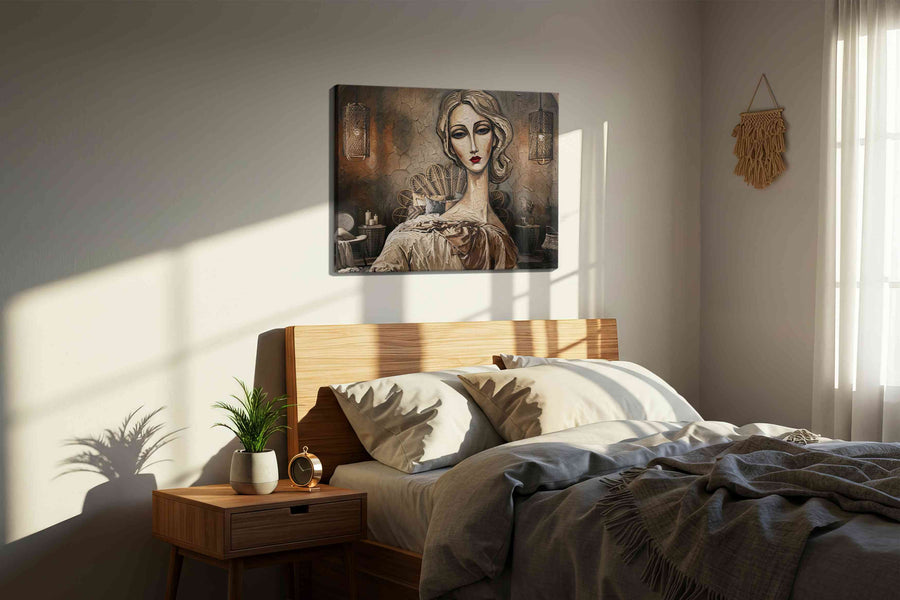 Ethereal Reverie in Sepia boho canvas print, displayed in a bedroom