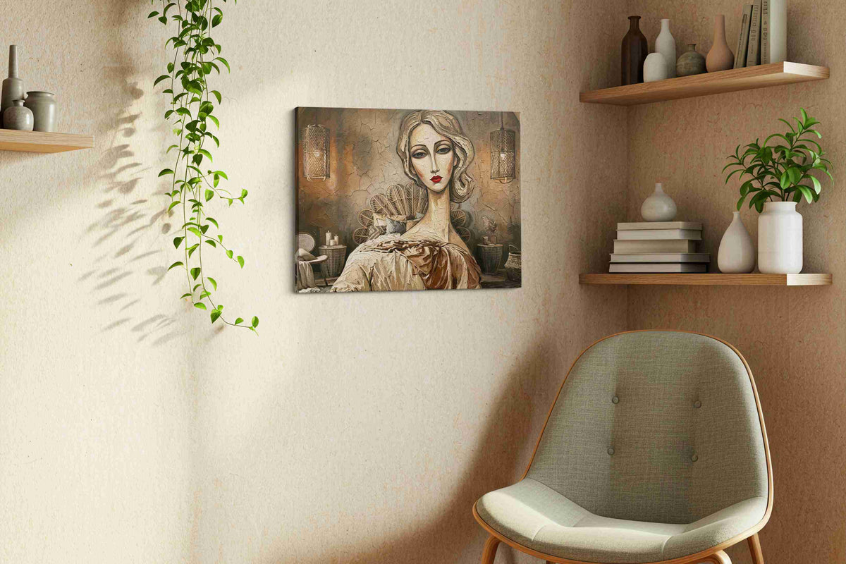 Ethereal Reverie in Sepia boho canvas print, displayed in a living room