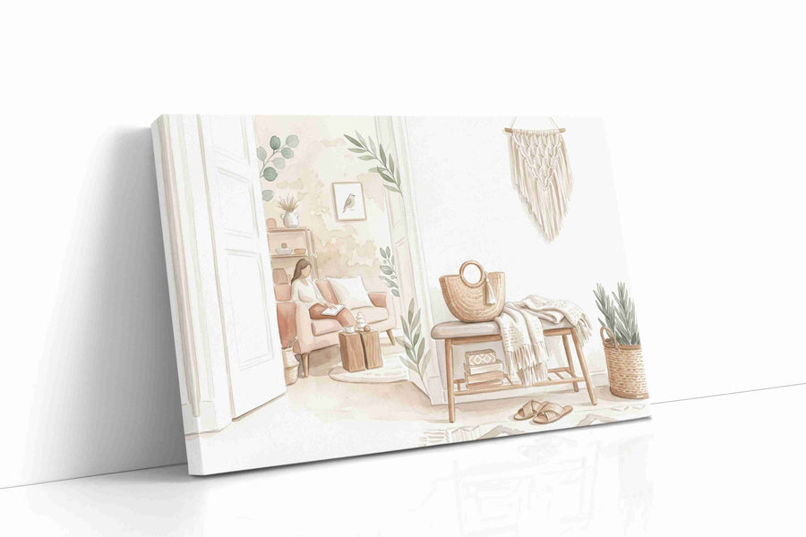 Serenity in Sunlit Corners boho canvas print gallery-wrapped landscape canvas studio shot