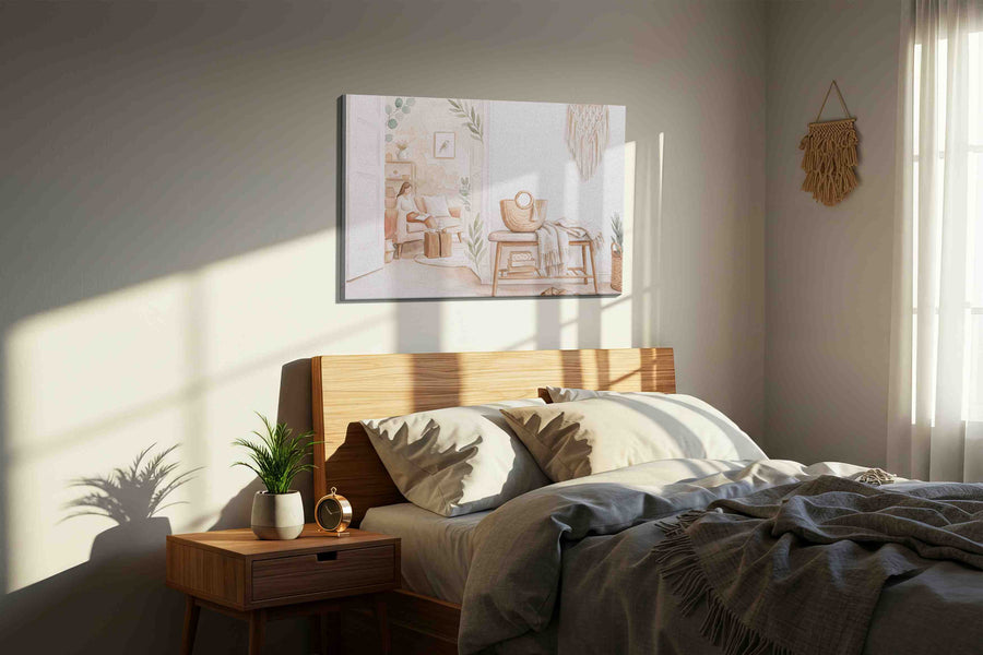 Serenity in Sunlit Corners boho canvas print, displayed in a bedroom