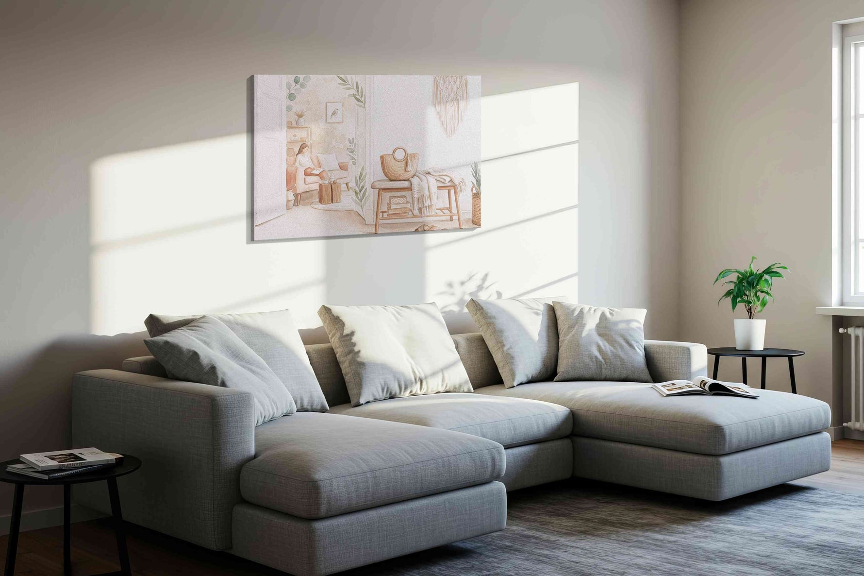 Serenity in Sunlit Corners boho canvas print, displayed in a living room