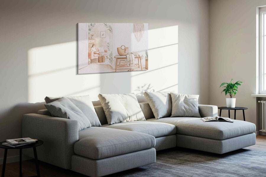 Serenity in Sunlit Corners boho canvas print, displayed in a living room