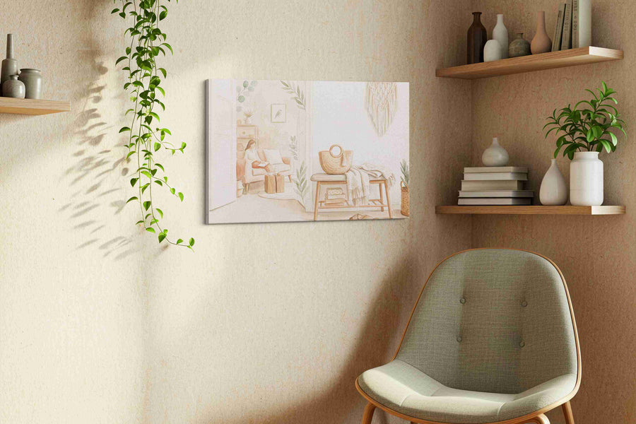 Serenity in Sunlit Corners boho canvas print styled in a living room