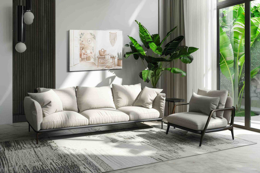 Serenity in Sunlit Corners boho canvas print, on wall, lifestyle preview